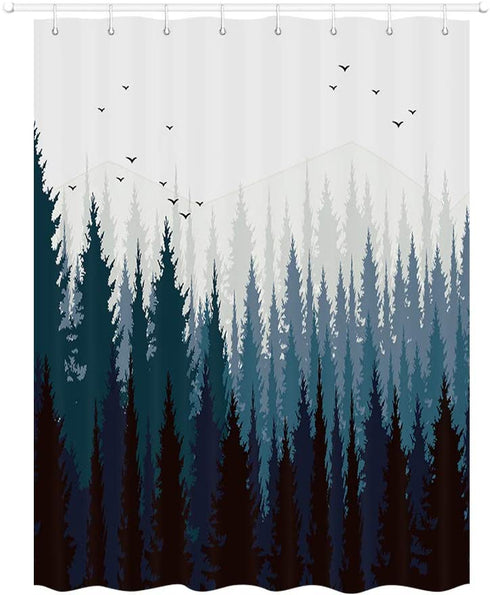 JAWO Mountain Forest Scene Fabric Shower Curtains for Bathroom, Pine Tree Mountains Black Bird Rustic Scenery Shower Curtain, Cloth Shower Curtain with 10 Hooks, 60x72 Inches
