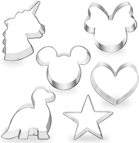 COTEY Cookie Cutters 4" to 3" Set of 6 Mickey & Minnie Mouse Unicorn Dinosaur Heart Star Hot Biscuit Cake Fondant Pancake Cutter Mold for Kids Children Holiday Celebration Birthday Party