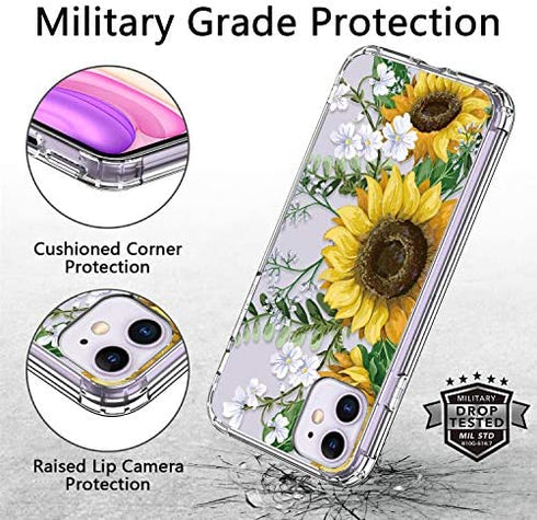 ICEDIO iPhone 11 Case with Screen Protector,Clear with Nice Sunflowers Floral Flower Patterns for Girls Women,Shockproof Slim Fit TPU Cover Protective Phone Case for Apple iPhone 11 6.1 inch
