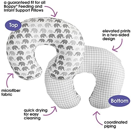 Boppy Nursing Pillow Cover - Premium , Gray Elephants Plaid, Soft, Quick-Dry Microfiber Fabric, Fits Boppy Bare Naked, Original and Luxe Breastfeeding Pillow , Awake Time Only