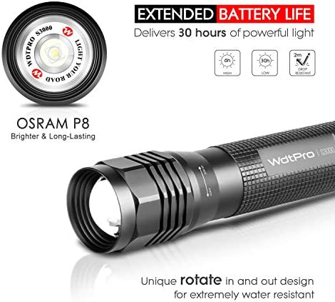 WdtPro High-Powered LED Flashlight S3000, Super Bright Flashlights - High Lumen, IP67 Water Resistant, 3 Modes and Zoomable for Camping, Emergency, Hiking, Gift