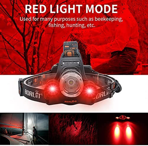 BORUIT RJ-3000 LED Rechargeable Headlamp,3 Modes White and Red LED Hunting Headlamps,5000 Lumens Tactical Flashlight Red Light Head Lamp for Running Camping Hiking Fishing