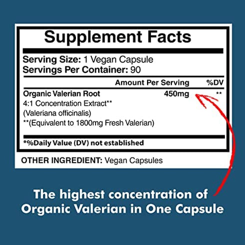 Valerian Root Capsules Organic 1800mg, Natural Sleep Aid, Sleeping Supplements, Alternative to Melatonin Gummies, 90 Veggie Caps, 3 Month Supply