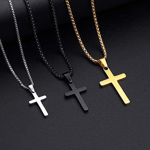 M MOOHAM Cross Necklace for Men - Stainless Steel Silver Gold Black Plain Cross Pendant Necklace Simple Jewelry Gifts, 16 - 24 Inches Chain