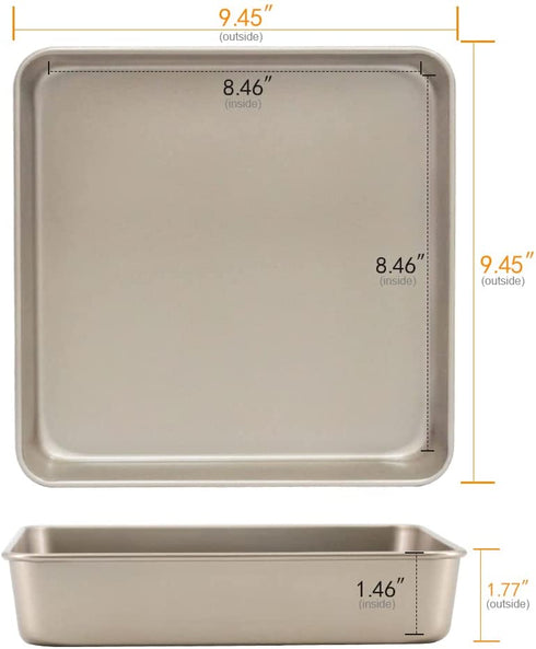Bakestudio Square Cake Pan set of 2, Deep Baking Sheets for oven, Nonstick Baking Tray, Gold-Perfect for Brownies, Cakes, Casseroles-Durable Warp-Resistant (9.4 Inch)