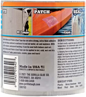 Gorilla Waterproof Patch & Seal Tape, 4" x 8', Clear, (Pack of 1)