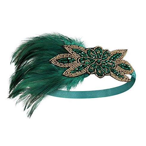SWEETV 1920s Flapper Feather Headband, 20s Sequined Showgirl Headpiece, Gatsby Hair Accessories for Women (Dark Green)