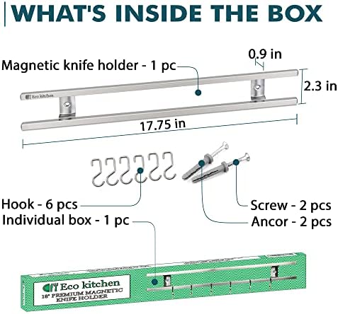 Magnetic Knife Holder for Wall - Stainless Steel Knife Magnetic Strip 18 Inch - Wall Knife Magnet Bar Rack With Hooks - Kitchen Utensil Holder and Knife Storage Holder