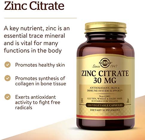 Solgar Zinc Citrate 30 mg, 100 Vegetable Capsules - Zinc for Healthy Skin, Taste & Vision - Immune System & Antioxidant Support - Citrate Form for Optimal Absorption - Non GMO, Vegan - 100 Servings