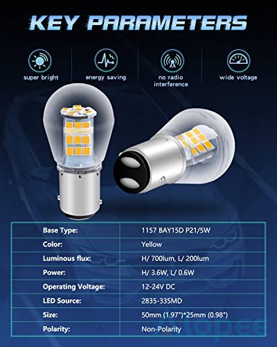 Alopee 10V-24V DC Bright 1157 Led Bulb Amber Yellow 1157 Bulb 2357 Led Bulb 2057 Led Bulb 7528 BAY15D 33SMD 2835Chip Replacement for LED Turn Signal Bulb, Blinker Bulbs, Pack of 2