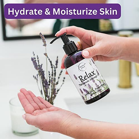 Relax Therapeutic Body Massage Oil - with Best Essential Oils for Sore Muscles & Stiffness – Lavender, Peppermint & Marjoram - All Natural - with Sweet Almond, Grapeseed & Jojoba Oil 8oz