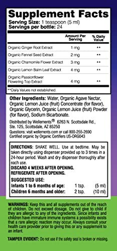 Wellements Organic Nighttime Gripe Water, 4 Fl Oz, Eases Baby's Stomach Discomfort, Free from Dyes, Parabens, Preservatives