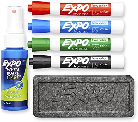 EXPO Low Odor Dry Erase Marker Starter Set, Chisel Tip, Assorted, Whiteboard Eraser, Cleaning Spray, 6 Count