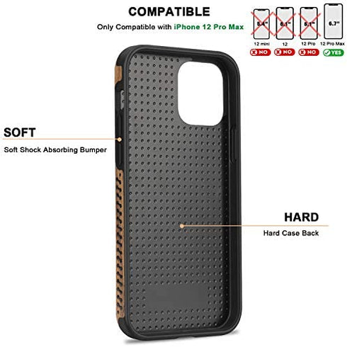 TENDLIN Compatible with iPhone 12 Pro Max Case Wood Grain with Carbon Fiber Texture Design Leather Hybrid Case Black