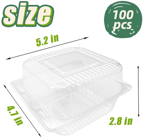 100 PCS Clear Plastic Take Out Containers,Clear Plastic Hinged Food Container,Disposable Clamshell Food Containers for Hamburger,Sandwiches,Cake,Salads,Pasta,Pastry(5.2x4.7x2.8 In)