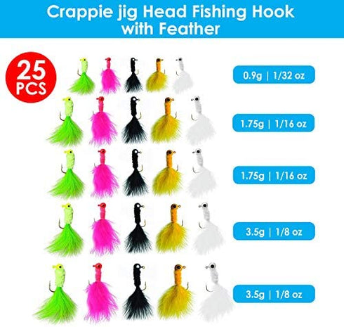 25 Piece Crappie jig Head Fishing Hook with Feather Fly Fishing Marabou jig Hooks 1/32 oz 1/16 oz 1/8 oz Assortment