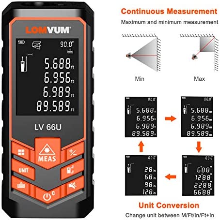 Laser Measure 393Ft - LOMVUM Laser Tape Measure Laser Measurement Tool with M/in/Ft Unit Switching, Backlit LCD, Pythagorean Mode, Measure Distance, Area and Volume - Carry Pouch and Battery Included