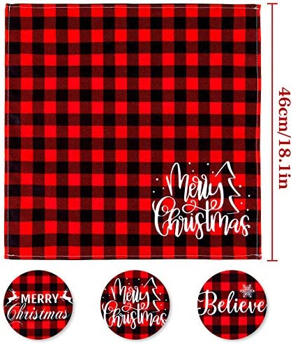 Whaline Christmas Cloth Napkins Red Black Buffalo Plaid Placemat 6 Pack Merry Christmas Dinner Table Napkins Reusable Washable Table Decoration for Home Kitchen Xmas Party, 3 Design, 18 x 18 Inch