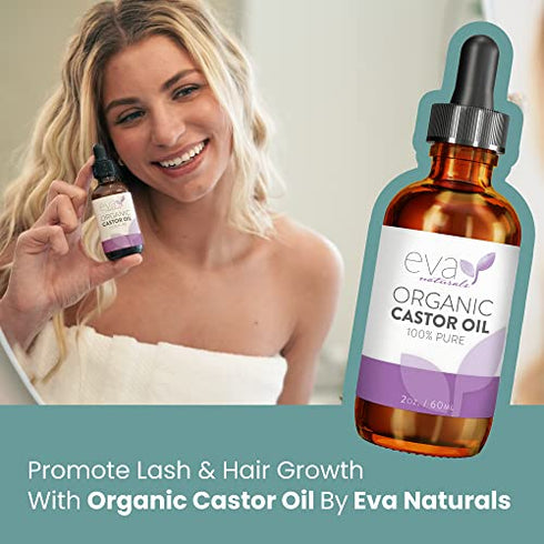 Eva Naturals Organic Castor Oil (60ml) - Promotes Hair, Eyebrow and Eyelash Growth - Diminishes Wrinkles and Signs of Aging - Hydrates and Nourishes Skin - 100% Pure - Cold Pressed, Premium Quality