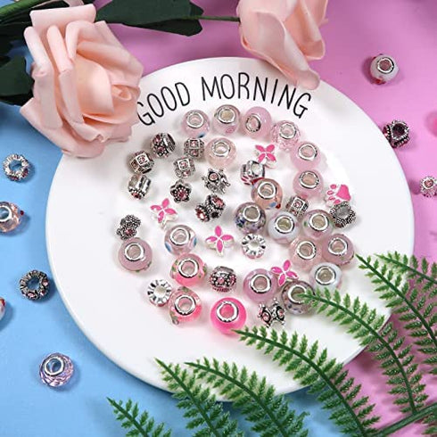 TOAOB 50pcs Pink European Large Hole Beads Spacer Glass Lampwork Craft Beads Rhinestone Metal Beads for DIY Charms Bracelet Necklace Jewelry Making