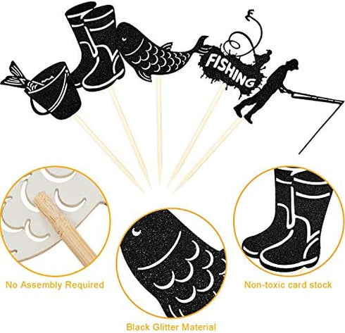 41 Pieces Gone Fishing Cupcake Topper Happy Birthday Cake Topper Fisherman Cake Decoration Fish Topper Picks Glitter for Men Boy Birthday Fishing Theme Party Supplies (Black)