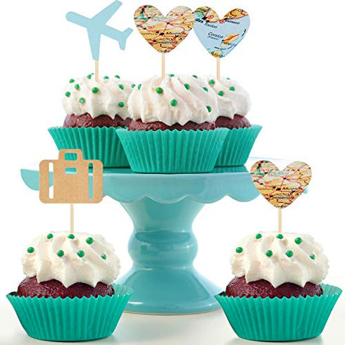 36 Pieces Travel Themed Cupcake Toppers Set, Airplane Cupcake Toppers Map Heart Cake Toppers for Travel Themed Baby Shower Party Decorations (Blue and Brown)