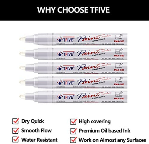 White Paint Marker Paint Pens - 5 Pack Oil Based Permanent Marker Pen, Medium Tip, Waterproof & Quick Dry, for Office, Art projects, Rock Painting, Ceramic, Glass, Wood, Plastic, Metal, Canvas