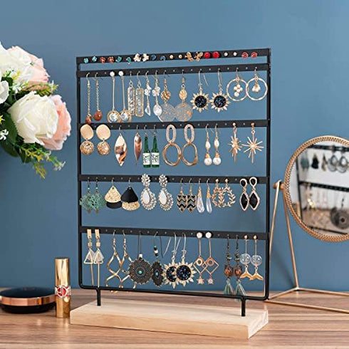 JAZUIHA Earrings Organizer 5-Layer 100 Holes Ear Stud Holder Earring Display Stand Wooden Base Jewelry Organizer for Hanging earrings (black)