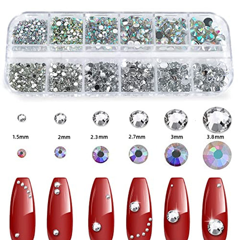 Canvalite 1500PCS Rhinestones in 6 Sizes Flat Back Gems, Crystal AB Rhinestones Nail Art Gems with Pick Up Tweezers and Rhinestone Picker Dotting Pen, Nail Art Tools for Nails, Clothes, Face, Craft