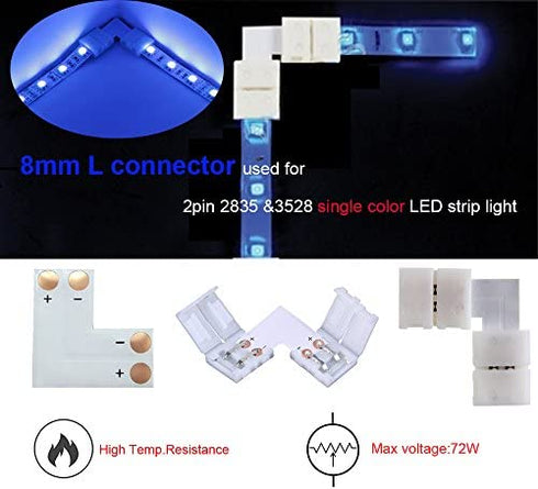 FSJEE 2Pin 8mm LED Strip Connector Kit Include L Shape 2 Pin Right Angle Corner Connector, T Shape Connector, Solderless Gapless Connector, Strip to Strip Jumper Wires for 2Pin 8mm 3528/2835 LED Strip