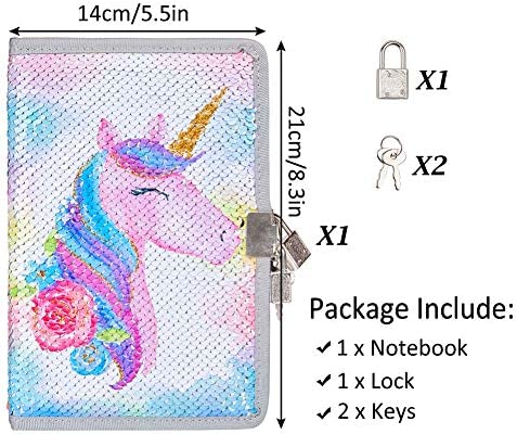 MHJY Sequin Unicorn Journal Secret Diary with Lock,Reversible Mermaid Sequin Notebook Private Journal Magic Unicorn Notebook Gifts for Girls