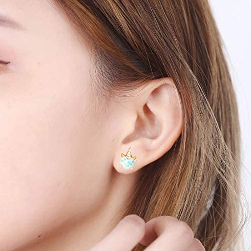 Rose Gold Unicorn Earrings for Girls, Hypoallergenic S925 Sterling Silver Stud Earrings ARSKRO Fire Opal Mini Tiny Cute Animal Earring Jewelry Gifts for Kids