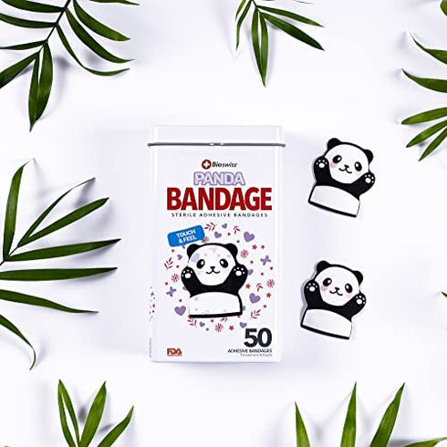 BioSwiss Kids Bandages | 50pcs Sterile Unique Shaped Bandages Colorful Funny Cute Toddler Girls & Boys, Adults First Aid, Protect Scrapes and Cuts | Wellness for Everyone | Reusable Tin (Panda)