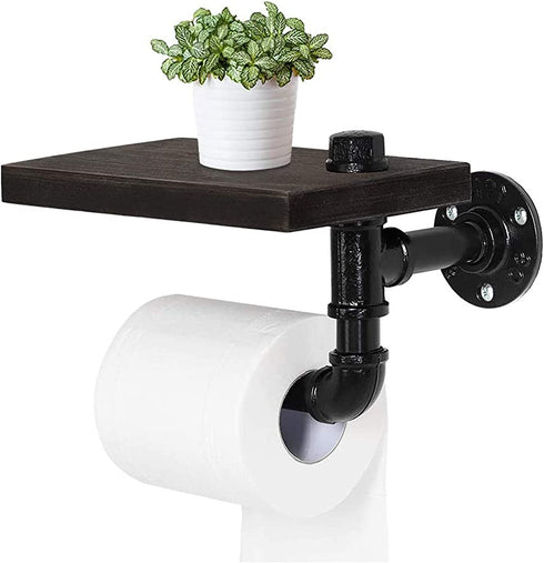 NEX Industrial Toilet Paper Holder, Wall Mounted Toilet Roll Tissue Holder Stand with Wooden Shelf for Bathroom, Espresso