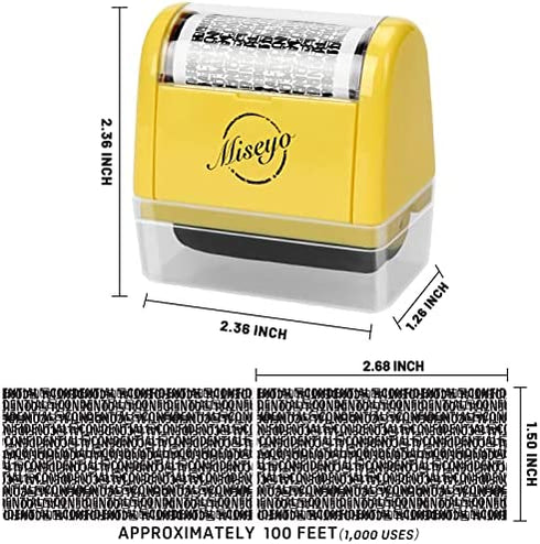 Miseyo Wide Identity Theft Protection Roller Stamp Set - Yellow (3 Refill Ink Included)