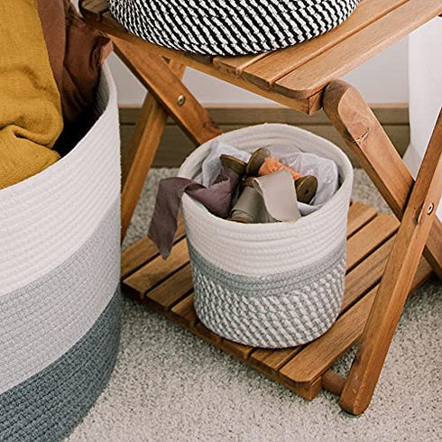 7 Inch Small Plant Basket, Mono Living, Rope Plant Basket Woven Basket for Plant Flower Pot Indoor Planter Boho Decor Small Cotton Rope Basket Grey and White