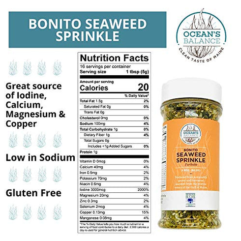 Ocean Balance Bonito Seaweed Seasoning w/ Dried, Tuna Flakes – Furikake Seasoning w/ Smoky Bonito Flakes + Maine Coast Seaweed – Great for Dashi, Tofu & Much More