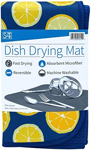 S&T INC. Absorbent, Reversible Microfiber Dish Drying Mat for Kitchen, 16 Inch x 18 Inch, Lemons