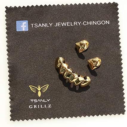 TSANLY Gold Grillz Mouth Teeth 24K Plated Gold Custom Fit Top & Bottom Set Caps Grillz for Women Gift + Extra Molding Bars + Microfiber Cloth