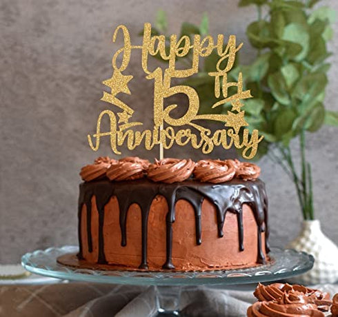 Gold Glitter Happy 15th Anniversary Cake Topper for Wedding Anniversary/Anniversary Party/Happy Birthday Party Decorations