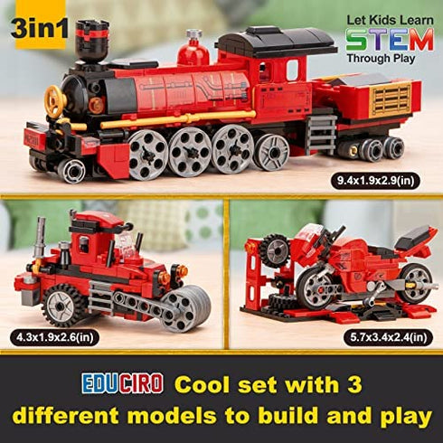 Educiro Train Sets for Boys Age 6-10, 3 in 1 City Building Kit Motorcycle Tractor Creative Educational Birthday Gift, Stem Projects Toys for Kids 6 7 8 9 10 Year Old, 305 Pieces