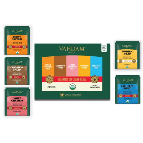 VAHDAM, Chai Tea Sampler, 20 Tea Bags - Tea Variety Pack | Assorted Chai Tea Bags | Cardamom Tea Bags, Cinnamon Tea Bags, Turmeric Masala Chai Tea | Happy New Year Gifts for Women & Men, Tea Gift Sets