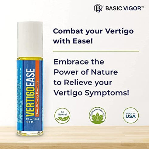 Basic Vigor Vertigo Ease Roll-On (10ml) - Natural & Fast-Acting Vertigo Relief, Nausea Relief & Dizziness Relief with Lavender, Ginger, Frankincense & Essential Oils - Combat Travel Sickness