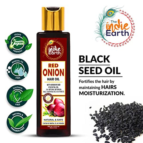 THE INDIE EARTH RED ONION ANTI HAIR LOSS & HAIR GROWTH OIL WITH PURE ARGAN, JOJOBA, ROSEMARY, BLACK SEED OIL IN PUREST FORM VERY EFFECTIVELY CONTROL HAIR LOSS, PROMOTES HAIR GROWTH 200ml