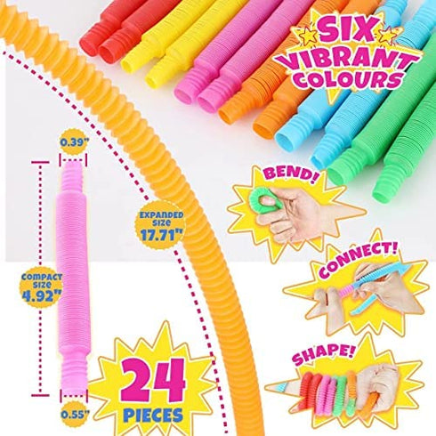 Pop Tubes Mini 24 Packs, Sensory Fidget Stretch Tubes Bulk for Kindergarten, Stress Relief for AHD, ADD Toddlers, DIY Learning Skills for Preschool, Valentine's Day Classroom Gifts Party Favors Prize