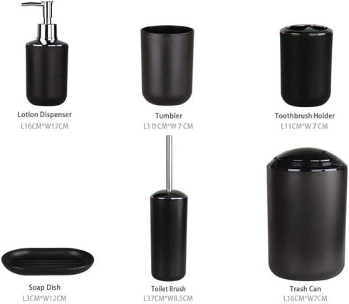 IMAVO Bathroom Accessories Set, 6-Piece Plastic Gift Set, Toothbrush Holder, Toothbrush Cup, soap Dispenser, soap Dish, Toilet Brush Holder, Trash can (Black)
