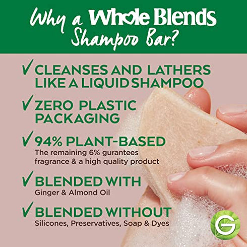 Garnier Whole Blends Ginger Recovery Strengthening Shampoo Bar for Weak Hair, Zero Plastic Packaging, Free of Preservatives, Silicones, Soap & Dye, with Ginger & Almond Oil, 2 Oz