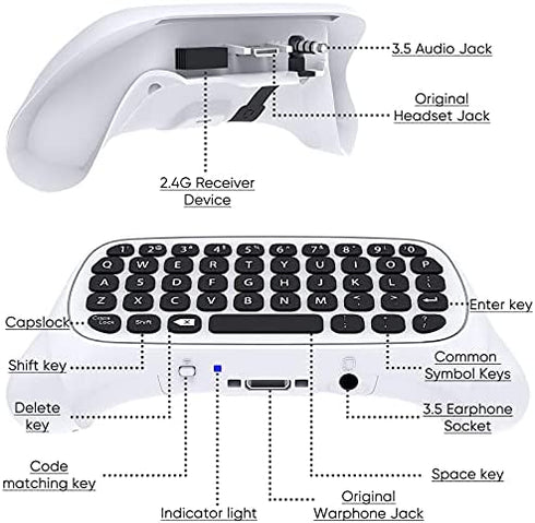 Controller Keyboard for Xbox Series X/ S/ for Xbox One/ One S, Wireless Bluetooth Gaming Chatpad Keypad with USB Receiver, Built-in Speaker & 3.5mm Audio Jack for Xbox Series X/ S/ One/ One S, White