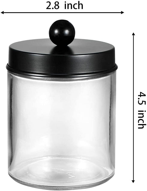 4 Pack Apothecary Jars Bathroom Vanity Storage Organizer Set -Countertop Canister with Stainless Steel Lids &Cute Stickers - Qtip Dispenser Holder for Qtips,Cotton Swabs,Makeup Sponges(Black)