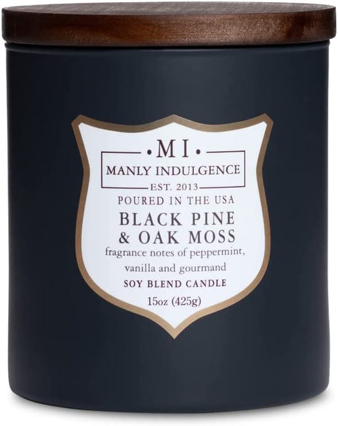 Manly Indulgence Black Pine & Oak Moss Scented Jar Candle, Signature Collection, Soy Wax Blend, Wooden Wick, 15oz, Gray